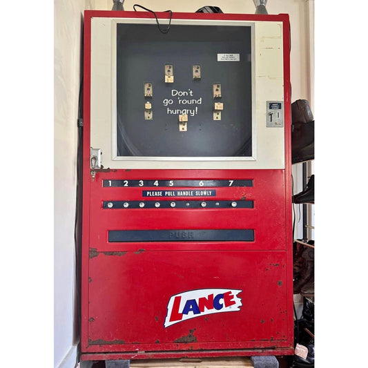 Working Vintage Lance Snack Vending Machine | Mid Century Industrial Display | Red Metal Commercial Decor. Mid century advertisement