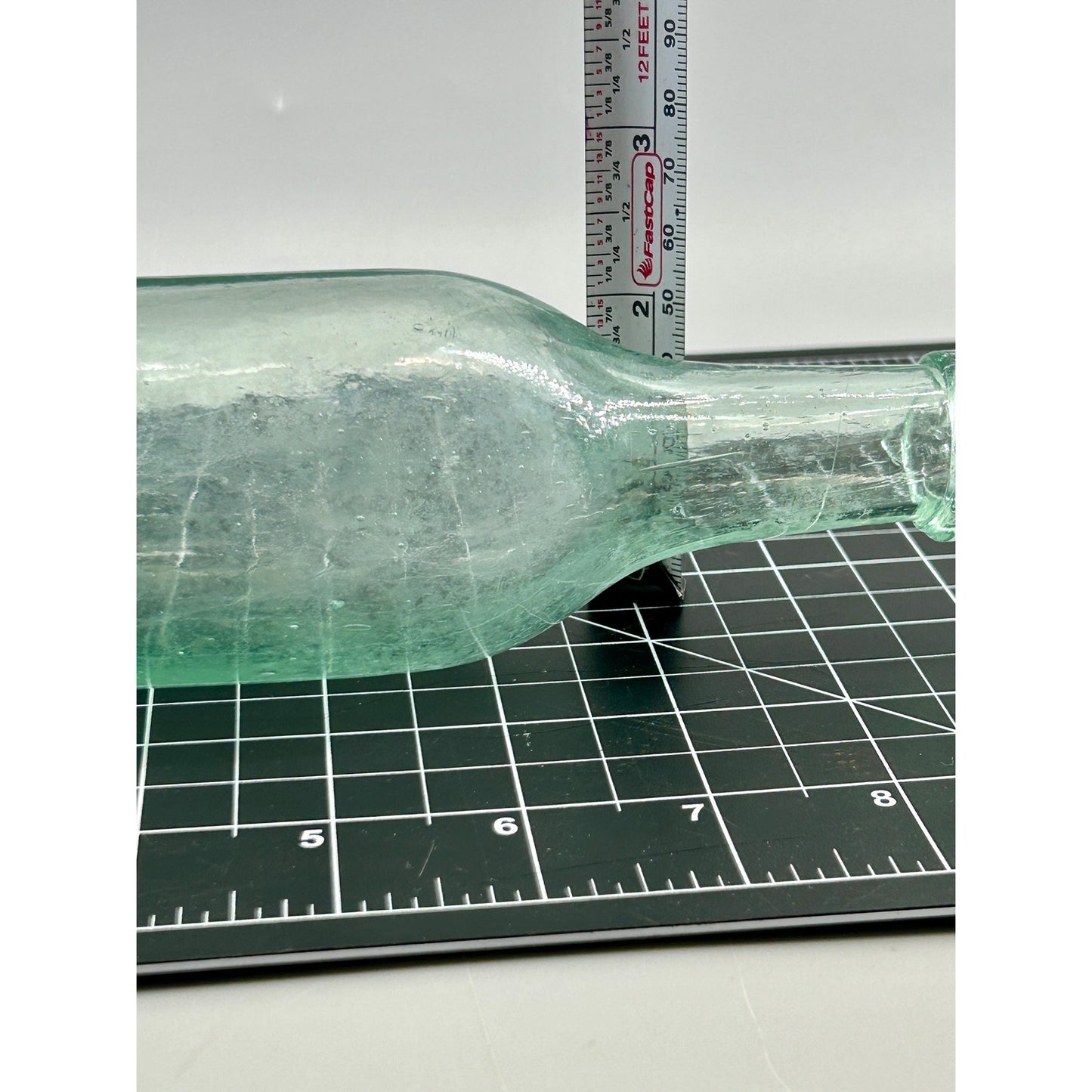 Antique Aqua Utility Spirits Bottle c1870-1885 Applied Collar Hand Blown Whittle Glass Deep Push-Up Base