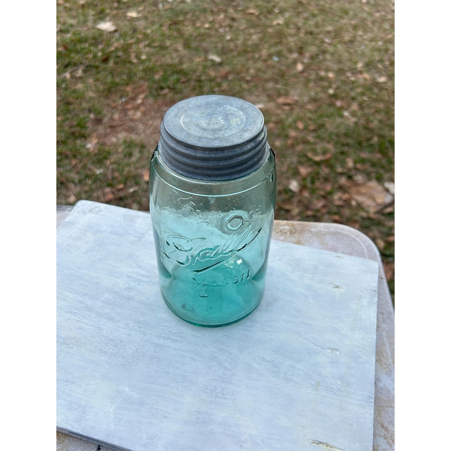 Vintage Ball Triple L Mason Jar Aqua Blue Quart Seed Bubbles Zinc Lid
