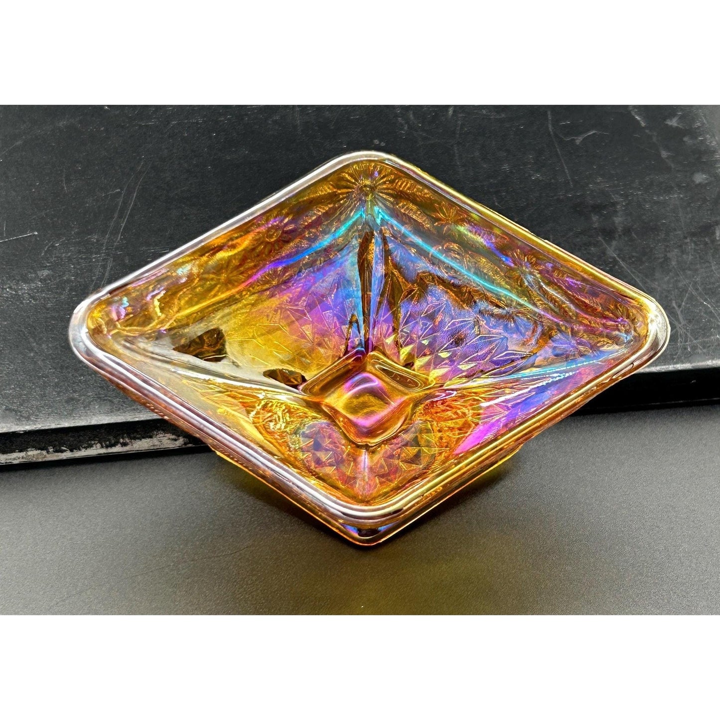 Vintage Marigold Carnival Glass Pedestal Bowls Set of 3 Iridescent Amber Pressed Glass Dessert Bowls Footed Carnival Glass Candy Dish Set