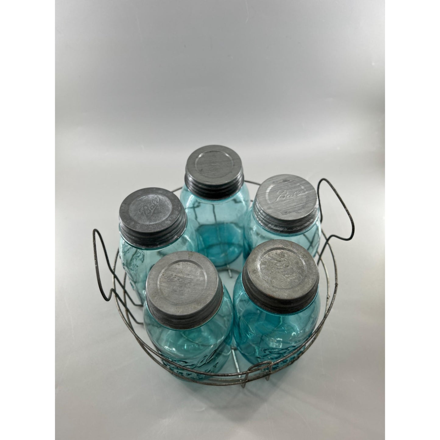 Vintage Ball Perfect Mason Jar Set Aqua Blue w Wire Carrier Zinc Lids 5pc