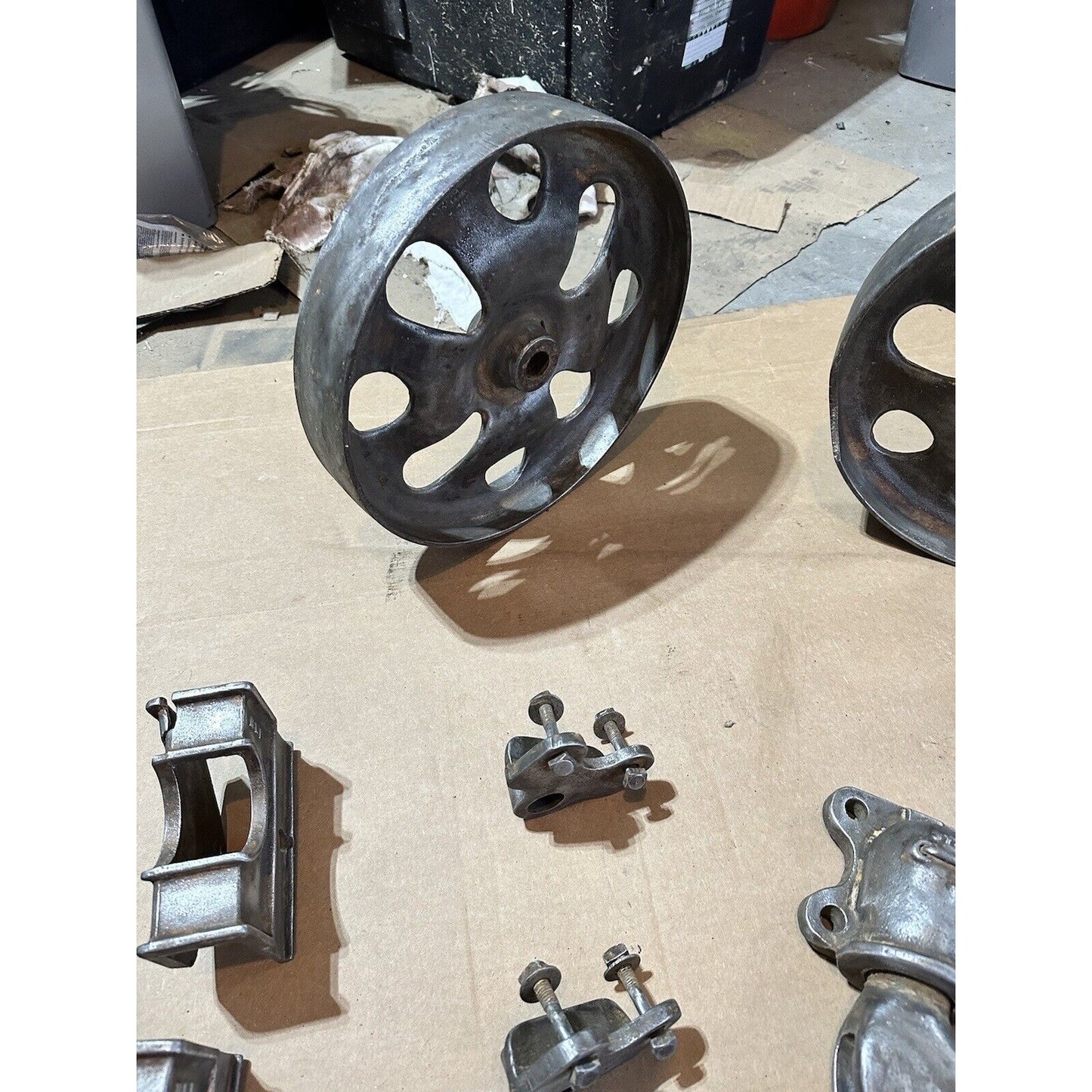 Antique Chas. E. Francis Factory Cart Hardware Set — Complete Cast Iron Wheels, Casters & Brackets