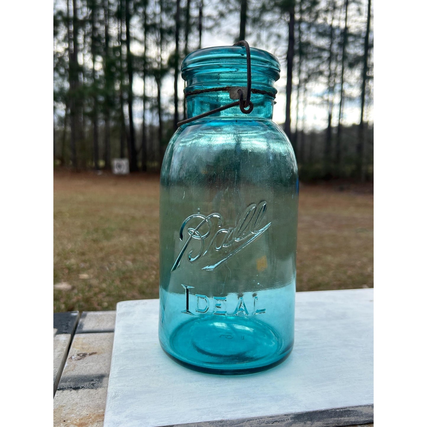 Ball Ideal Aqua Glass Mason Jar w/ Wire Bail Rustic Farmhouse Decor