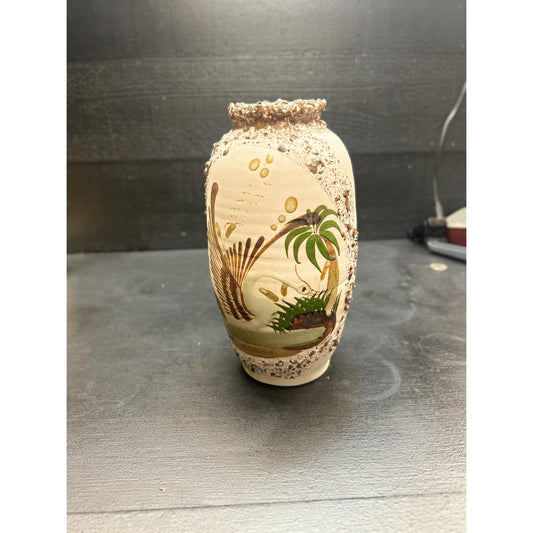 Vintage Spanish folk art pottery vase MORA hand painted swan scene textured lava glaze ceramic front
