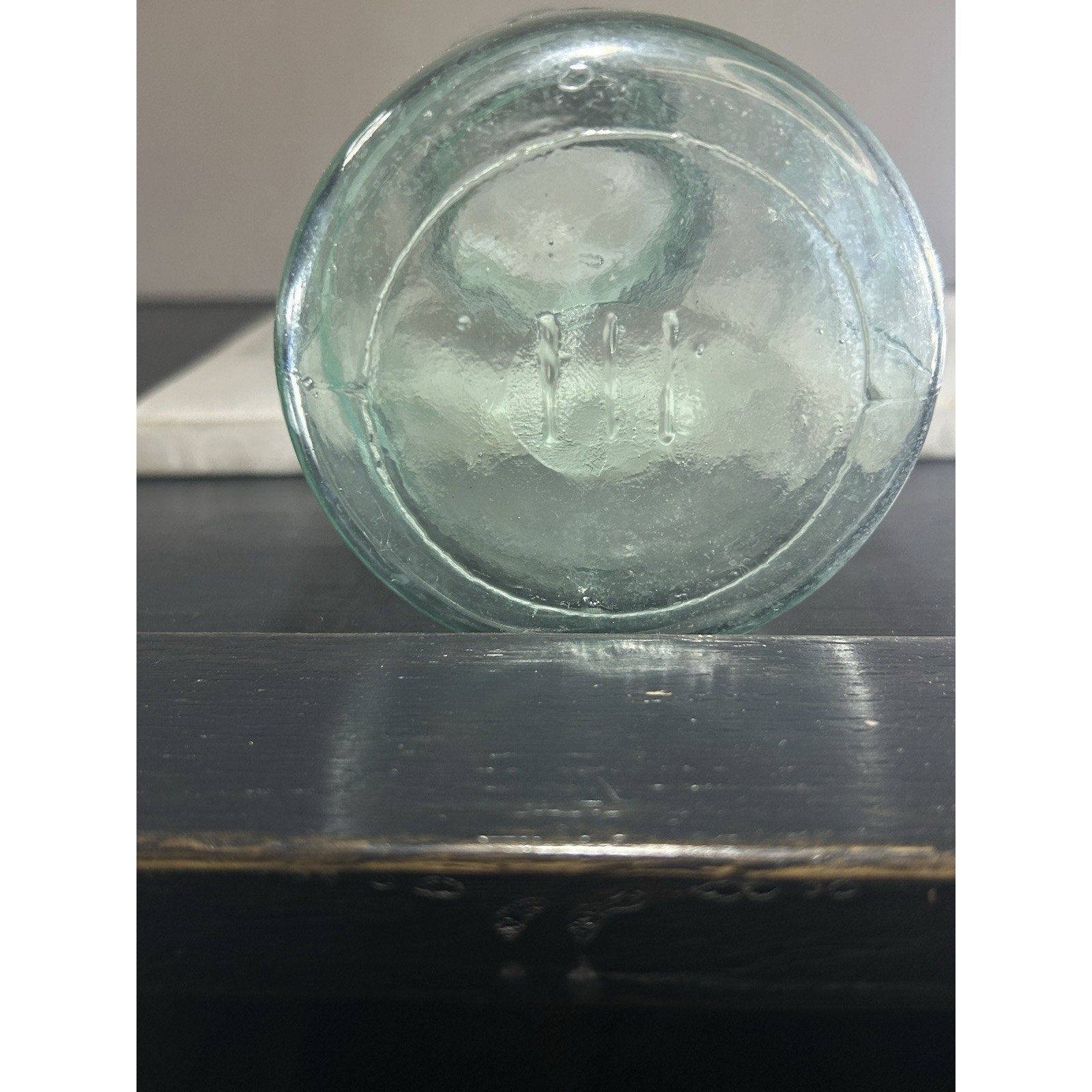 1858 Mason jar quart light blue glass — seam and shoulder condition, no chips or cracks