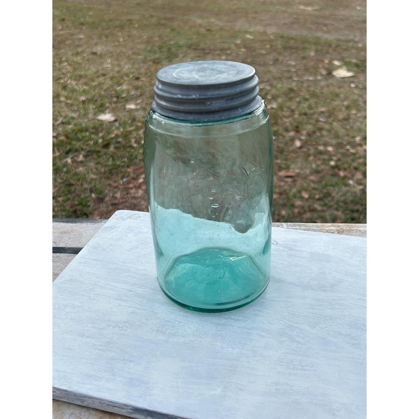 Vintage Ball Triple L Mason Jar Aqua Blue Quart Seed Bubbles Zinc Lid