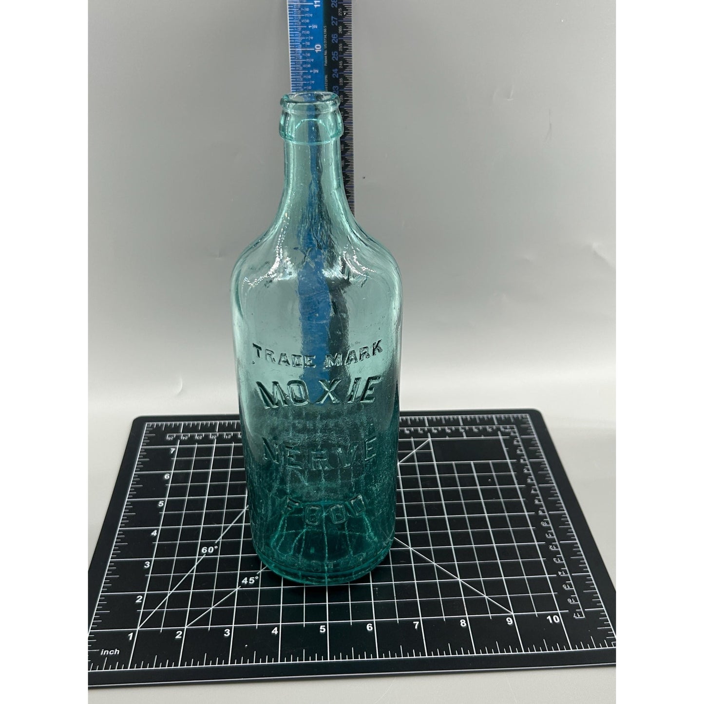 Moxie Nerve Food Aqua Glass Patent Medicine Bottle, Embossed Brockway Glass Collectible Decor