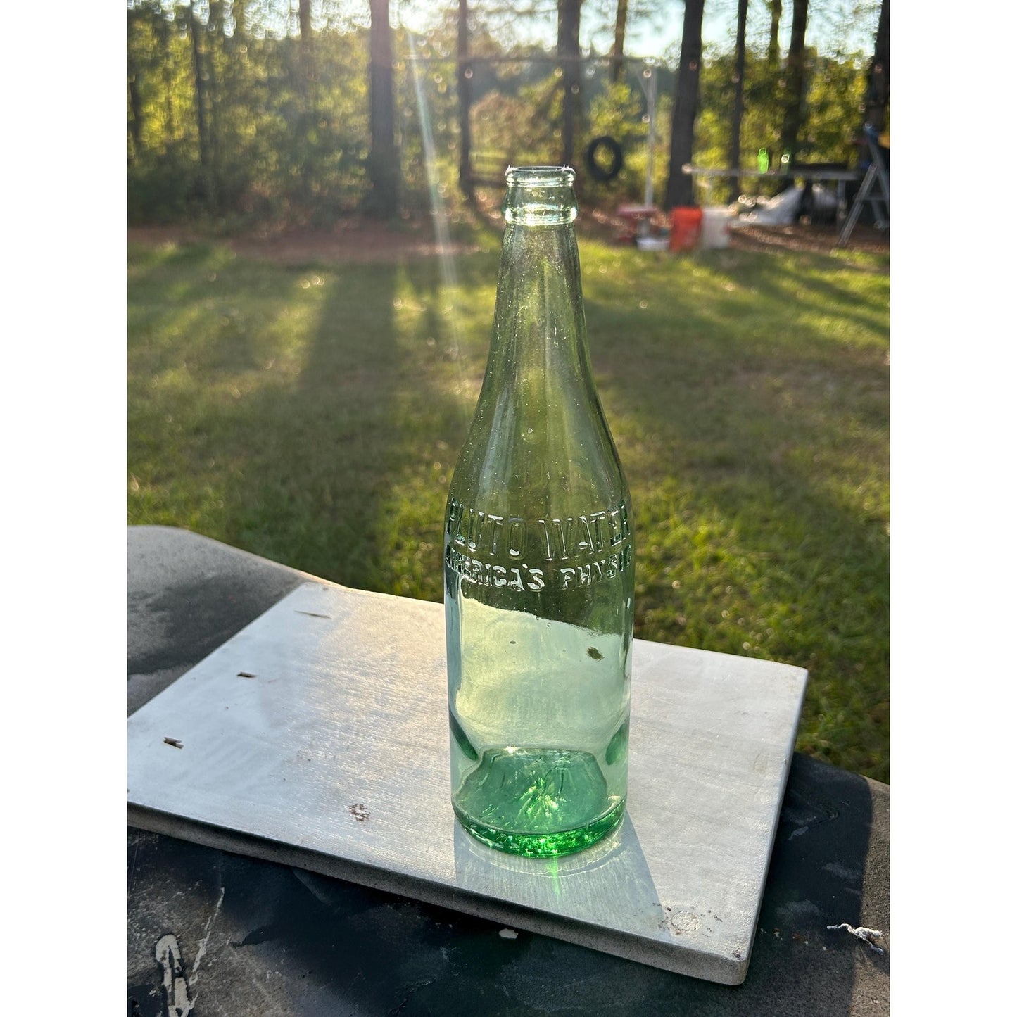 Vintage Pluto Water Bottle with Devil Logo – 1920s–40s Embossed Aqua Glass Soda Mineral Water Bottle – Indiana Collectible rare Apothecary
