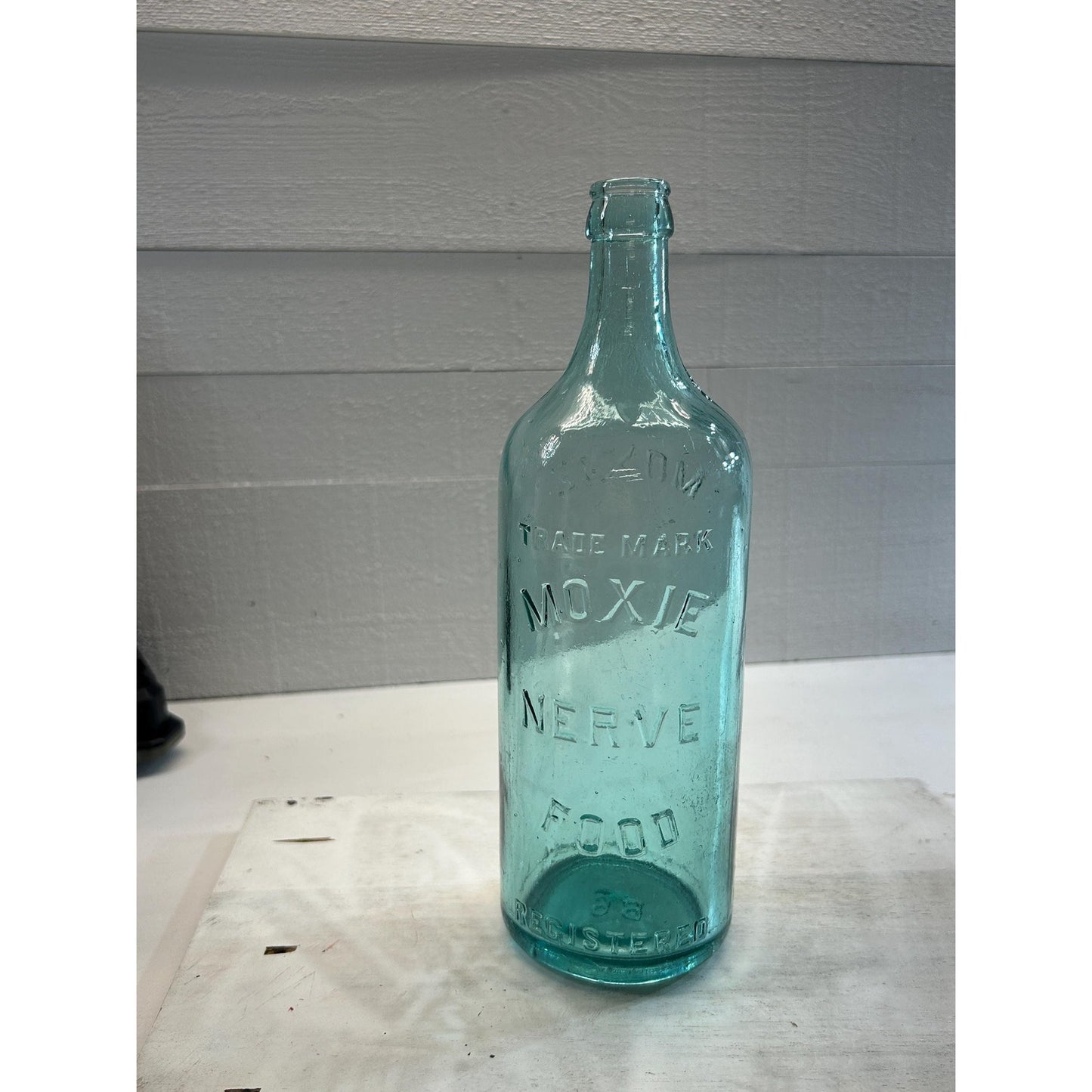 Antique 1880s Moxie Nerve Food Bottle – Aqua Blue Glass – Patent Medicine Soda Tonic Apothecary Collectible – Rare 12 Inch Embossed Bottle