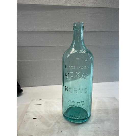 Antique 1880s Moxie Nerve Food Bottle – Aqua Blue Glass – Patent Medicine Soda Tonic Apothecary Collectible – Rare 12 Inch Embossed Bottle