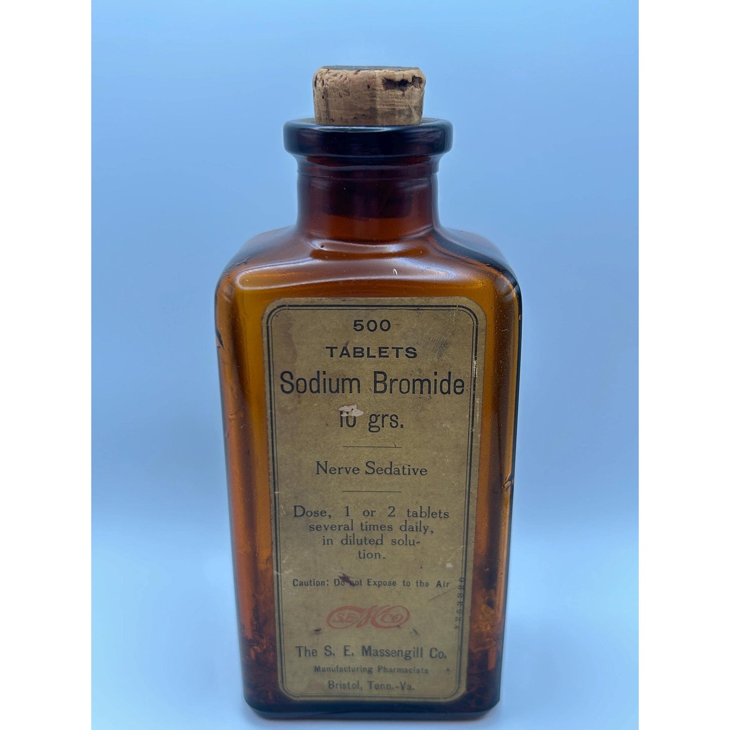 Vintage Massengill Pharmacy Medicine Jar w/ Original Contents Amber Bottle