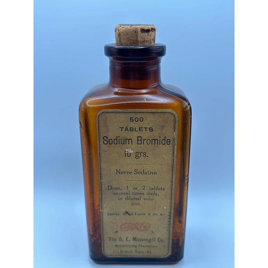 Vintage Massengill Pharmacy Medicine Jar w/ Original Contents Amber Bottle