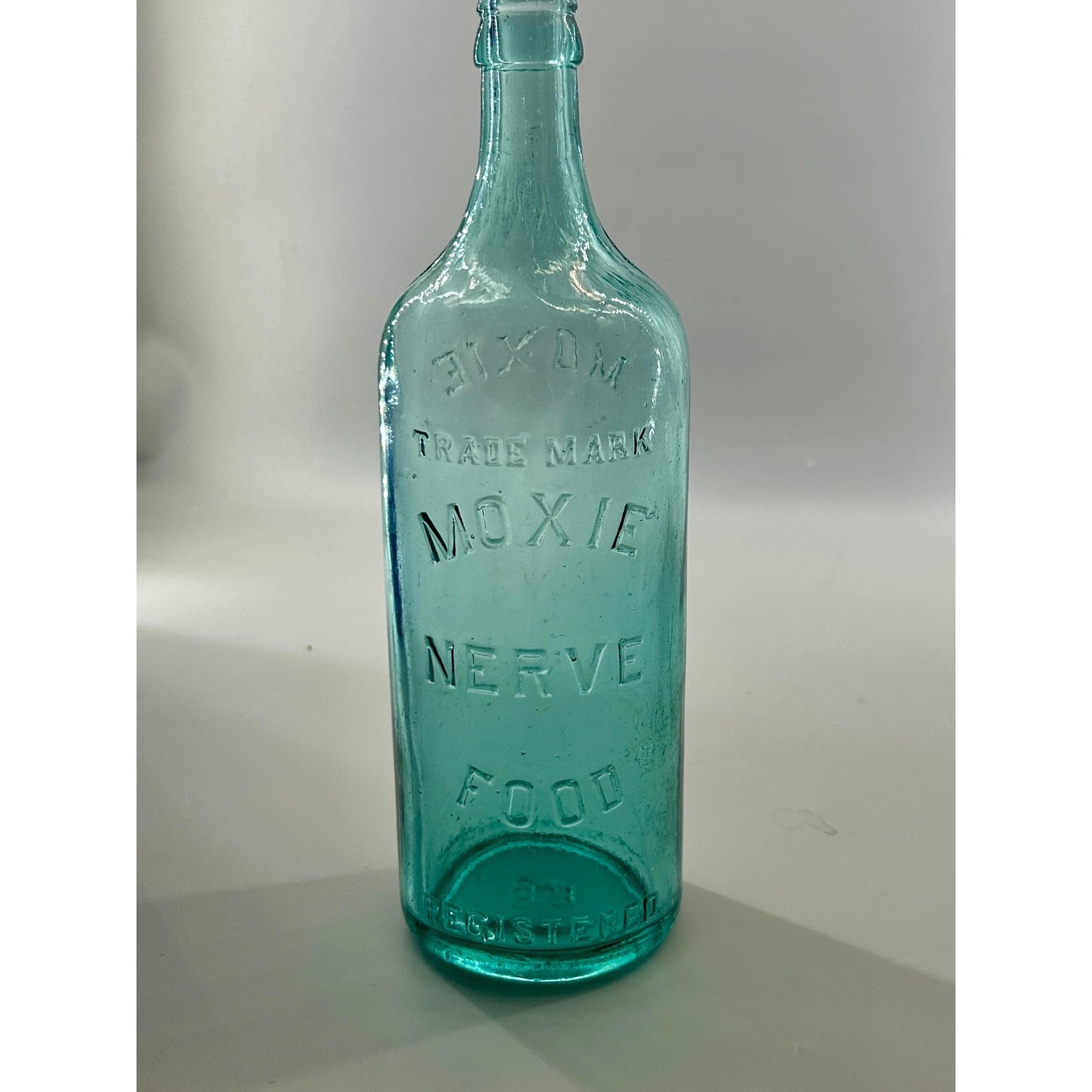 Antique Moxie Nerve Food Registered Bottle Aqua Glass Lowell MA Quack Medicine Soda Advertising Early 1900s Rare Display