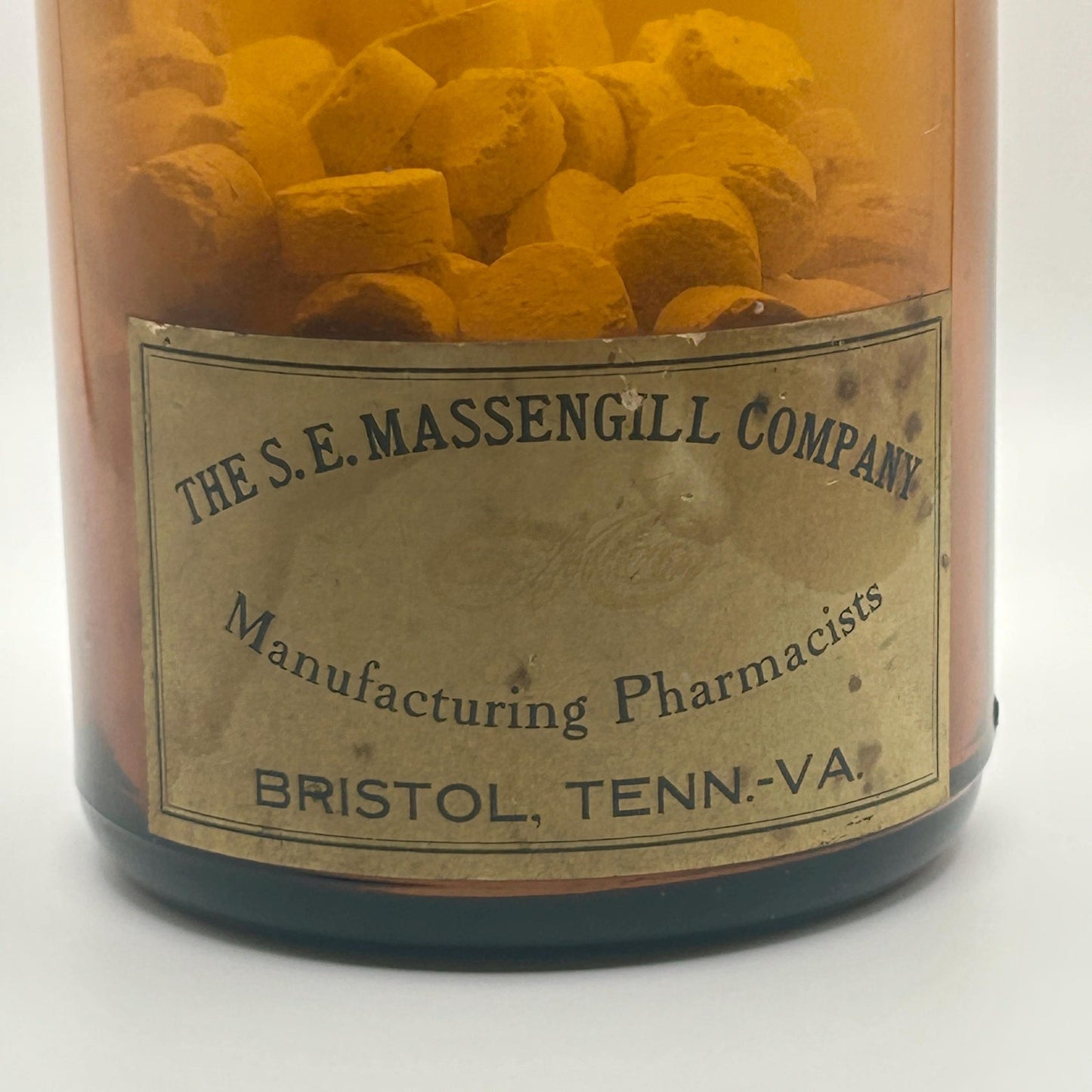 Antique Calcium Sulphide Medicine Bottle w/ Tablets & Cork, Amber