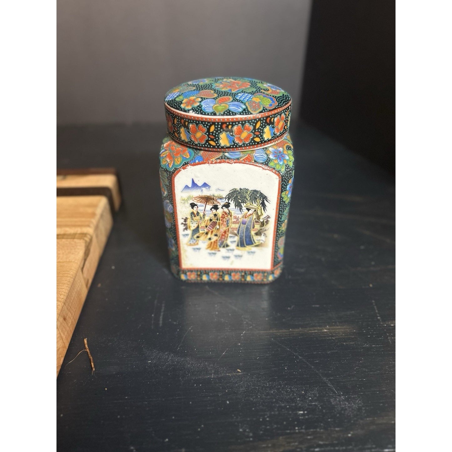 Antique Chinese Canton Enamel Tea Caddy & Trinket Box — Floral Scenes — Hand-Painted