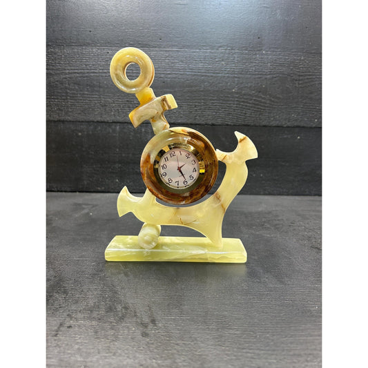 Vintage Hand Carved Onyx Stone Camel Clock • Mid Century Modern Style • Decorative Green Marble Alabaster Desk Mantel Timepiece. navy gift