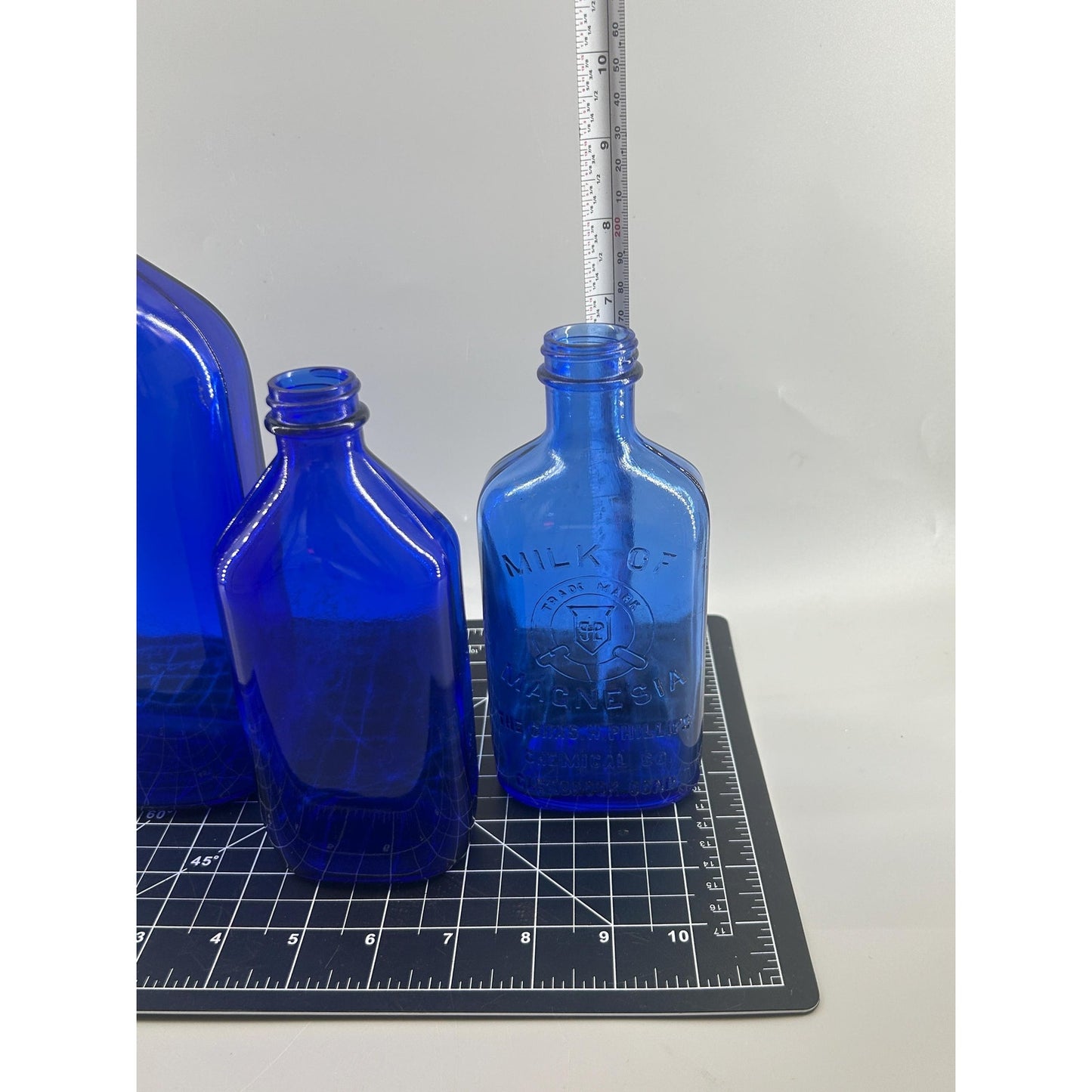 Antique Cobalt Blue Apothecary Bottle Lot Phillips Milk of Magnesia Pharmacy Drugstore Glass Decor
