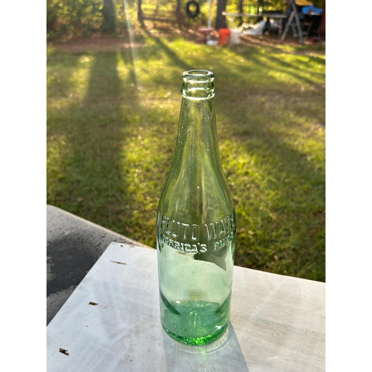 Vintage Pluto Water Bottle with Devil Logo – 1920s–40s Embossed Aqua Glass Soda Mineral Water Bottle – Indiana Collectible rare Apothecary