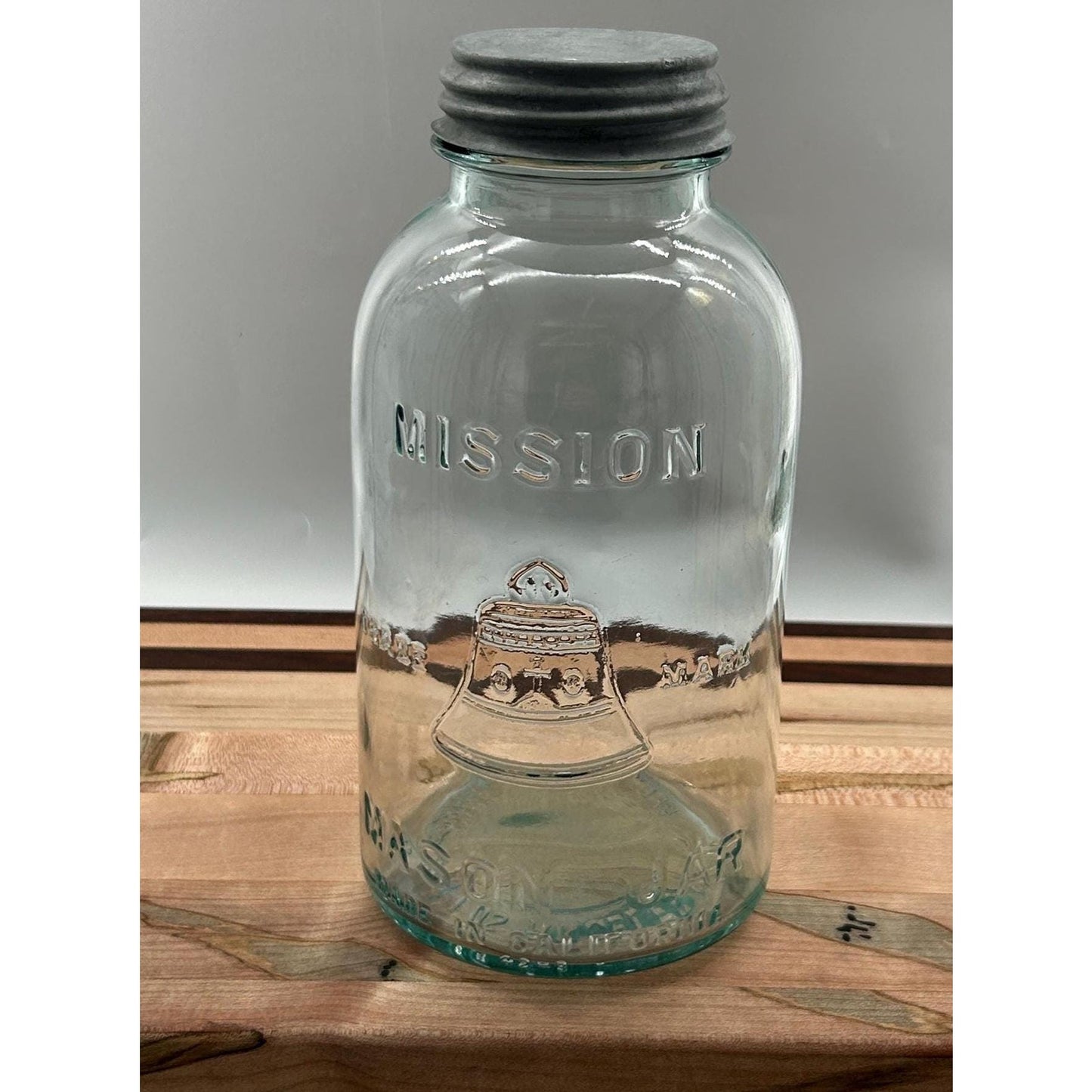 Mission Bell Mason Jar Aqua Blue Liberty Bell Hazel Atlas Half Gal w/ Zinc Lid