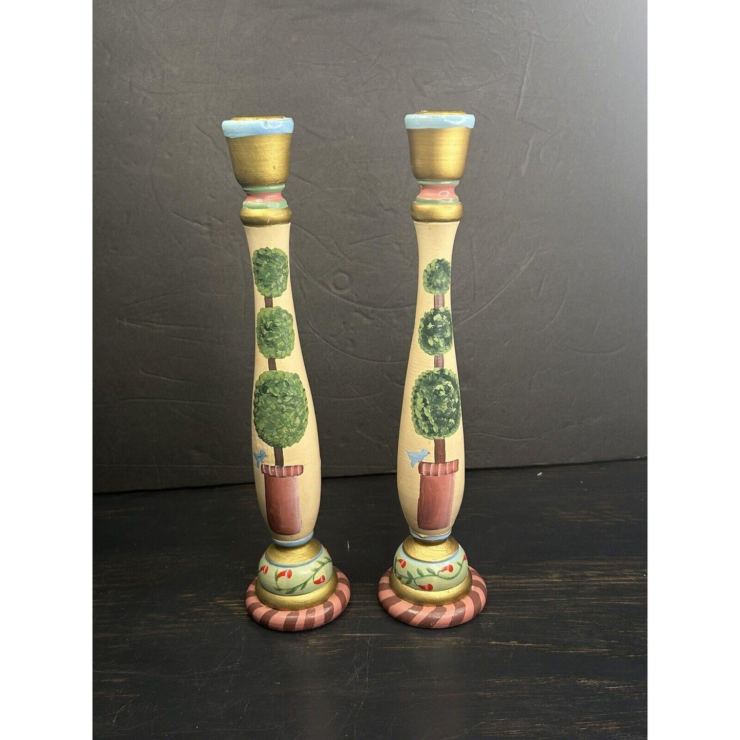 Folk Art Hand-Painted Wooden Candle Holders – Southwestern Bird Design