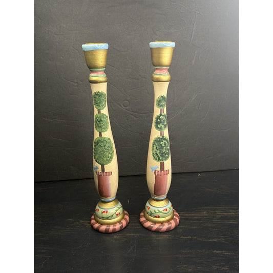 Folk Art Hand-Painted Wooden Candle Holders – Southwestern Bird Design