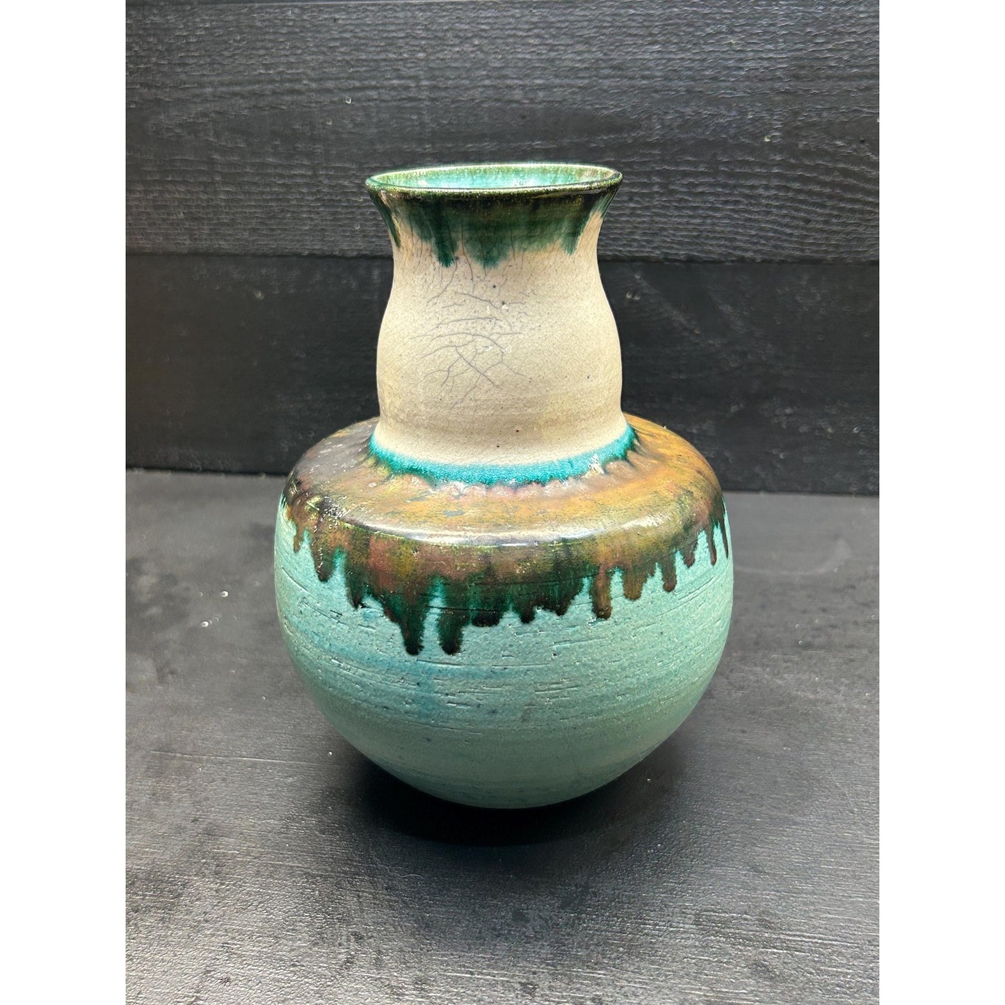Ernest E. Mitchell Studio Pottery Vase 1994 • Signed Hand Thrown Ceramic • Turquoise Green Drip Glaze • Art Pottery Home Decor. Folk Art