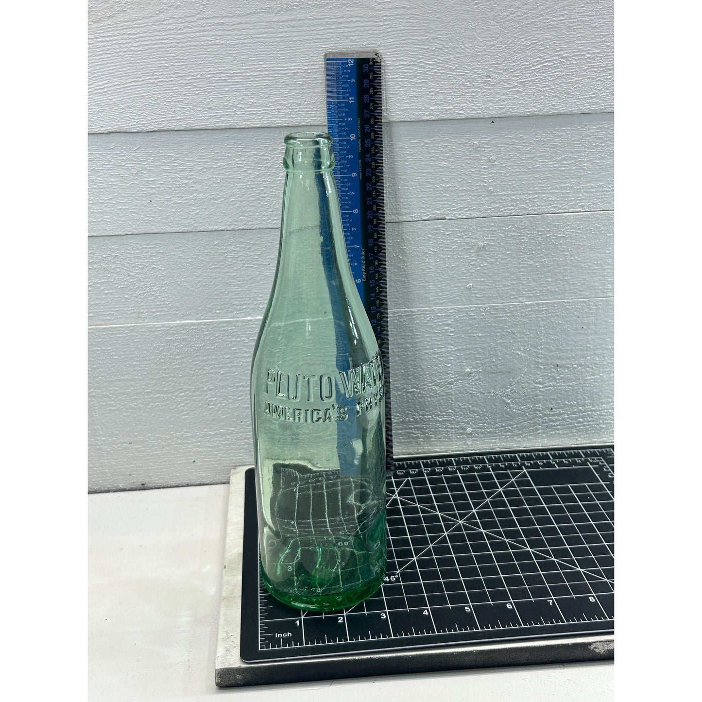 Vintage Pluto Water Bottle with Devil Logo – 1920s–40s Embossed Aqua Glass Soda Mineral Water Bottle – Indiana Collectible rare Apothecary