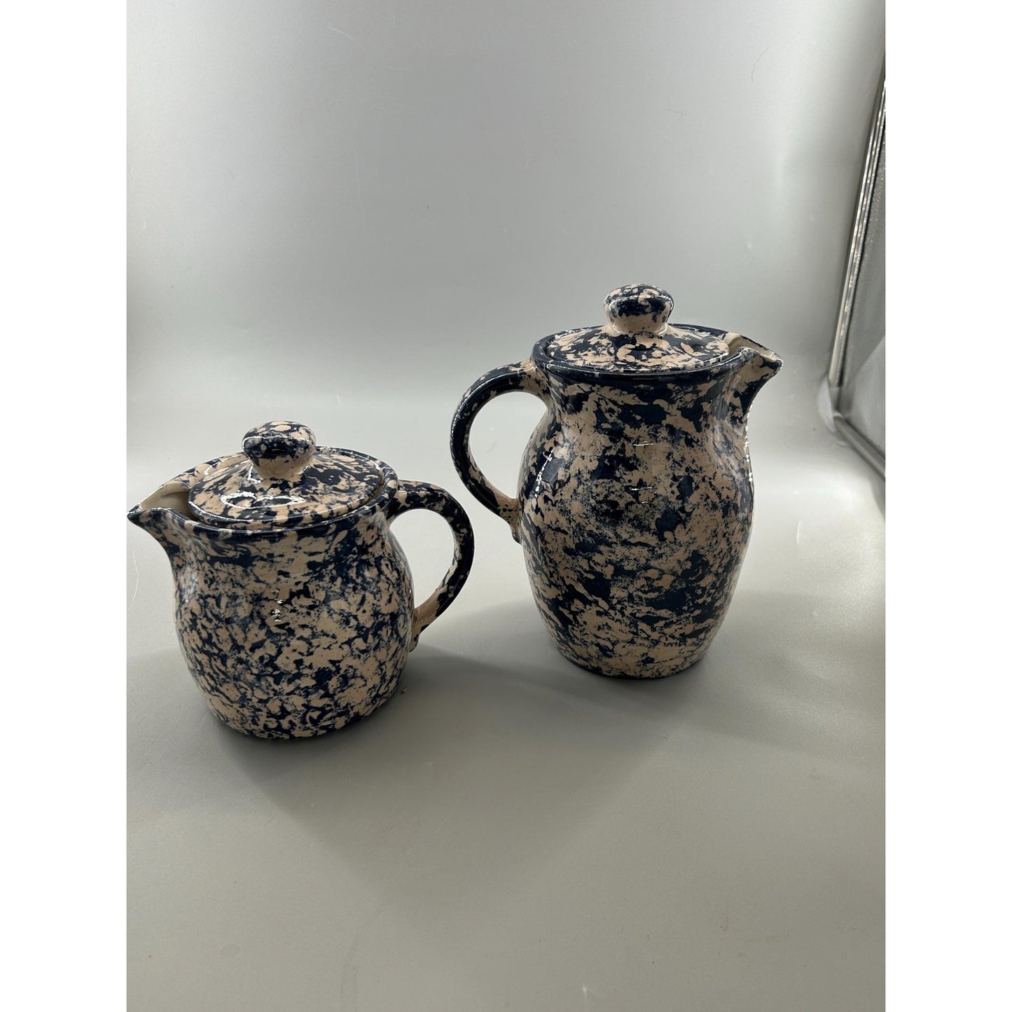 Vintage Blue Spongeware Stoneware Pitcher & Creamer Set with Lids — Cobalt Farmhouse Kitchen Decor