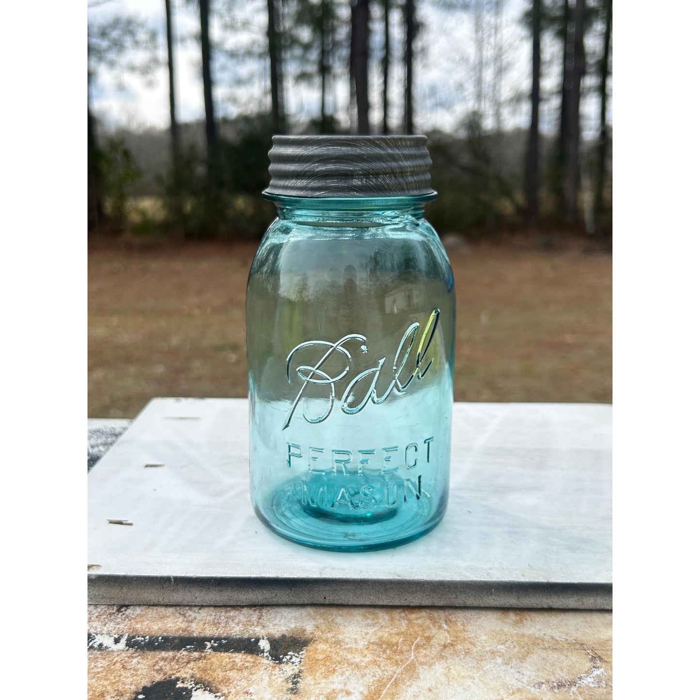 Antique Ball Perfect Mason Jar #13 Mold Aqua Quart w Original Zinc Lid 1920s