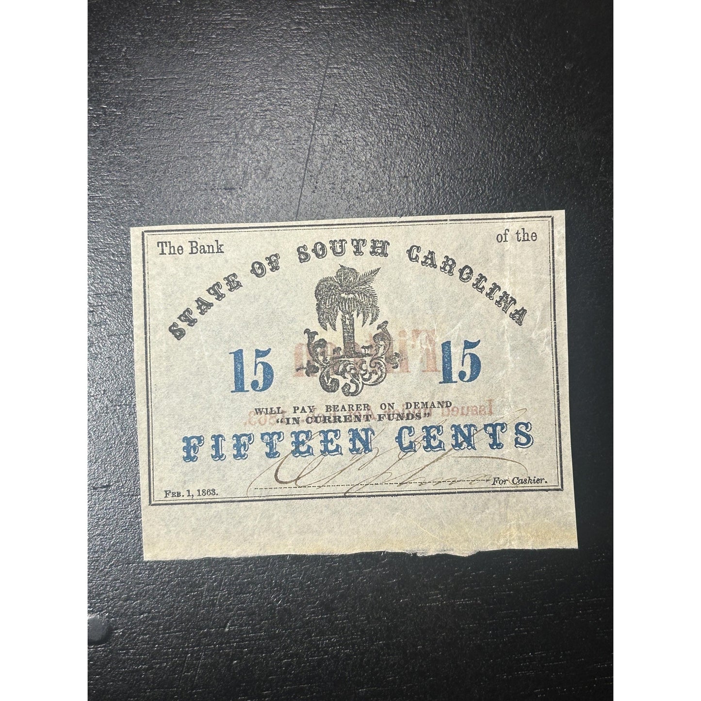 1863 South Carolina 15 Cent Civil War Fractional Currency Note – Confederate Era Bank of the State Antique Paper Money Rare condition!