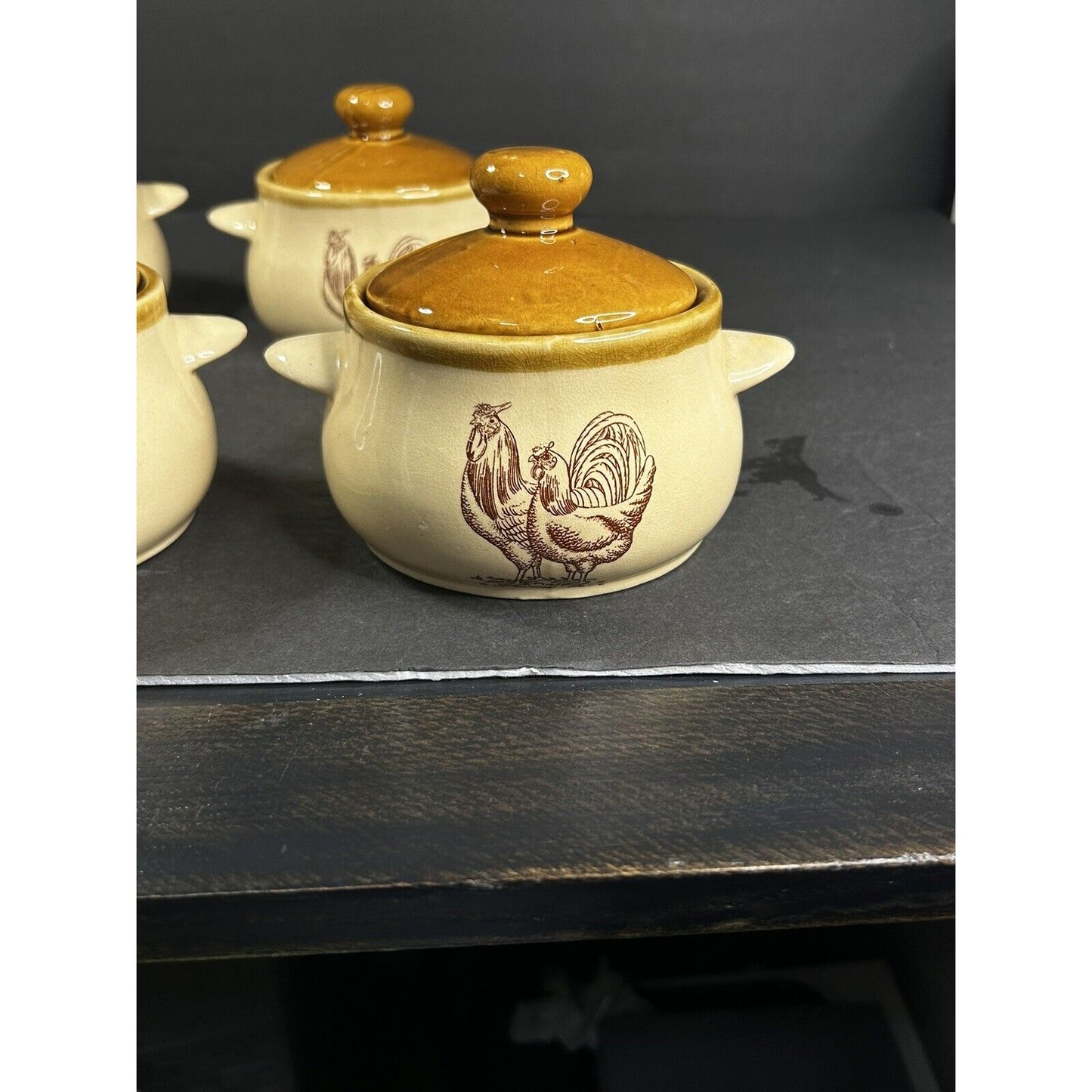 Vintage rooster ceramic casserole dish set 4 full profile