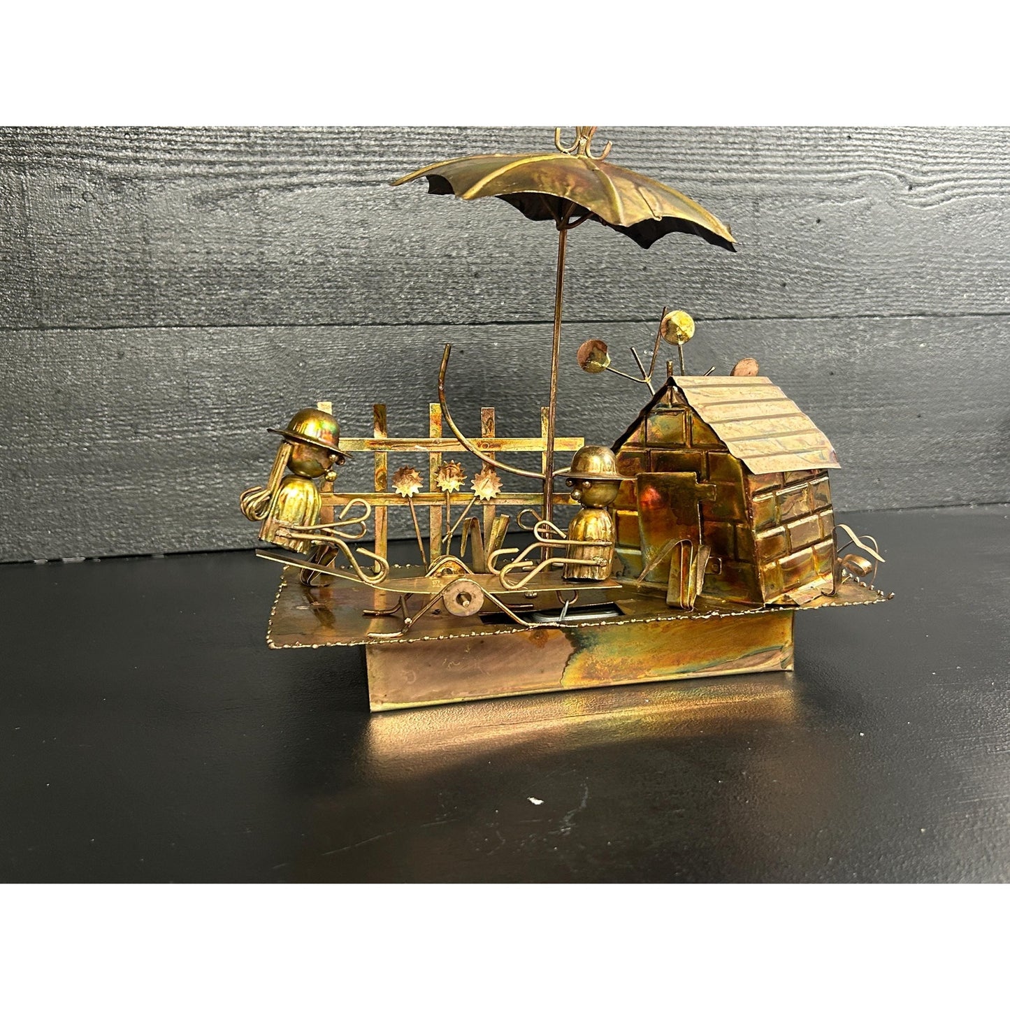 Vintage Berkeley Designs Brass Kinetic Music Box • Working TOYO Movement • Moving Figures Garden Scene • “It’s a Small World” Sculpture rare