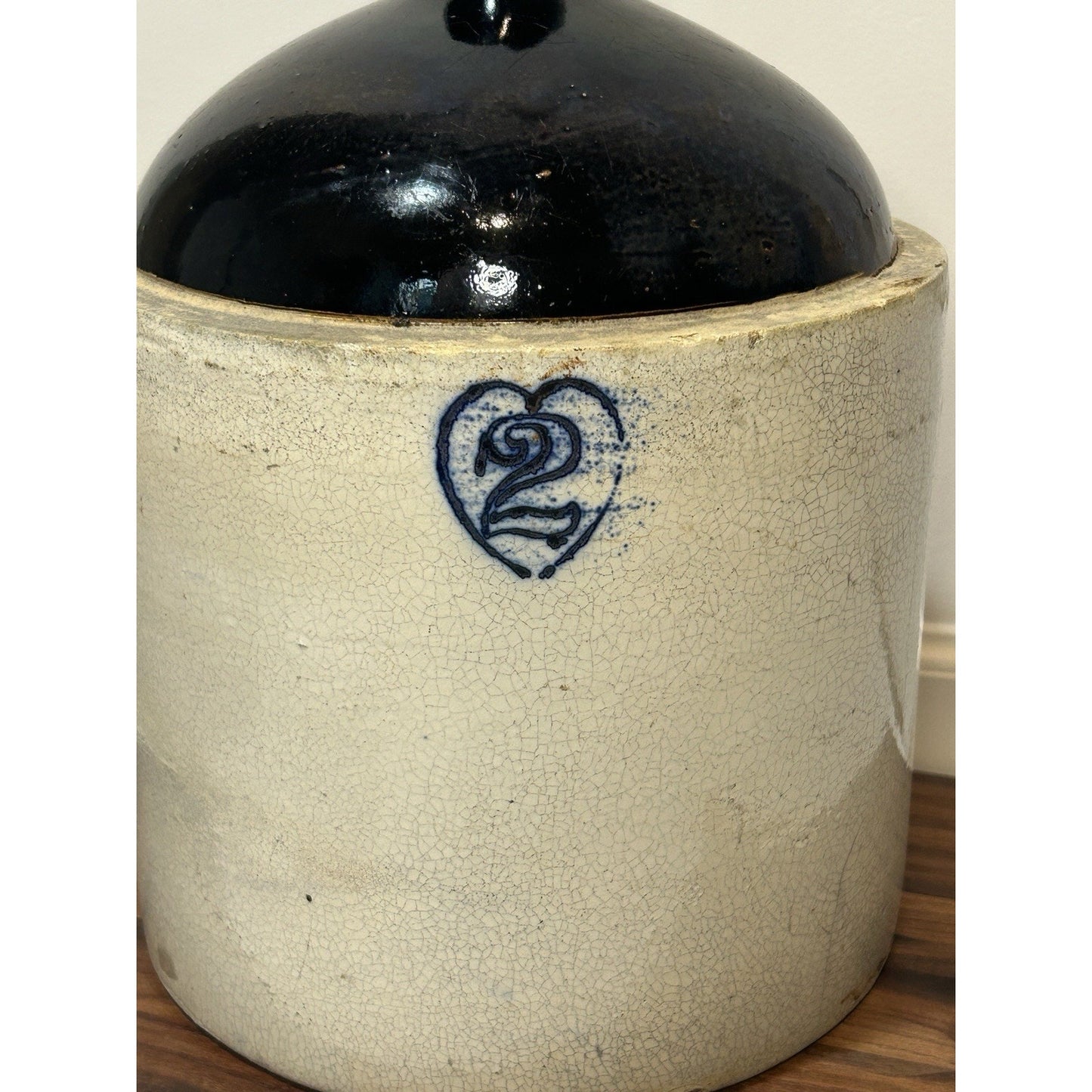 Antique Burley Winter 2 Gallon Stoneware Jug Cobalt Blue Heart Salt Glaze Crock