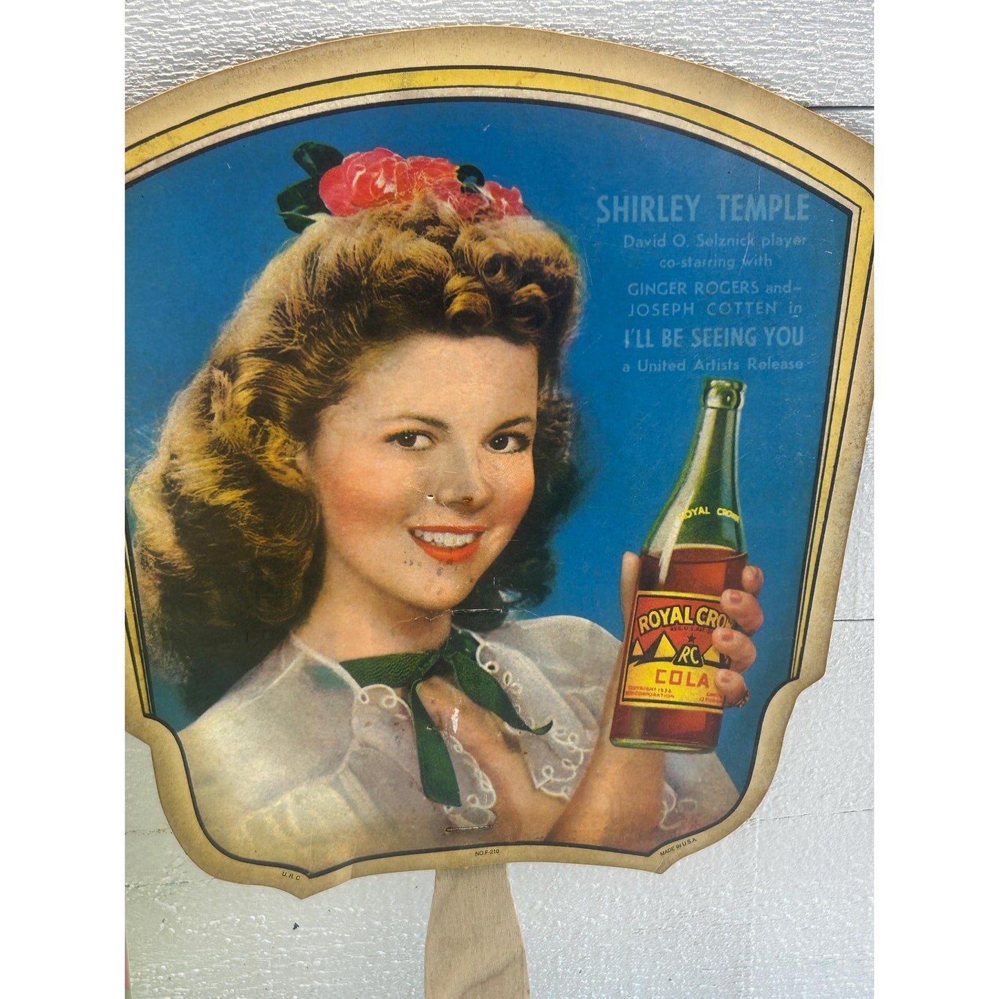 Vintage RC Royal Crown Cola Bottle & Shirley Temple Advertising Fan – 1930s 1940s Soda Memorabilia Lot – Nehi Cola Advertising Collectibles