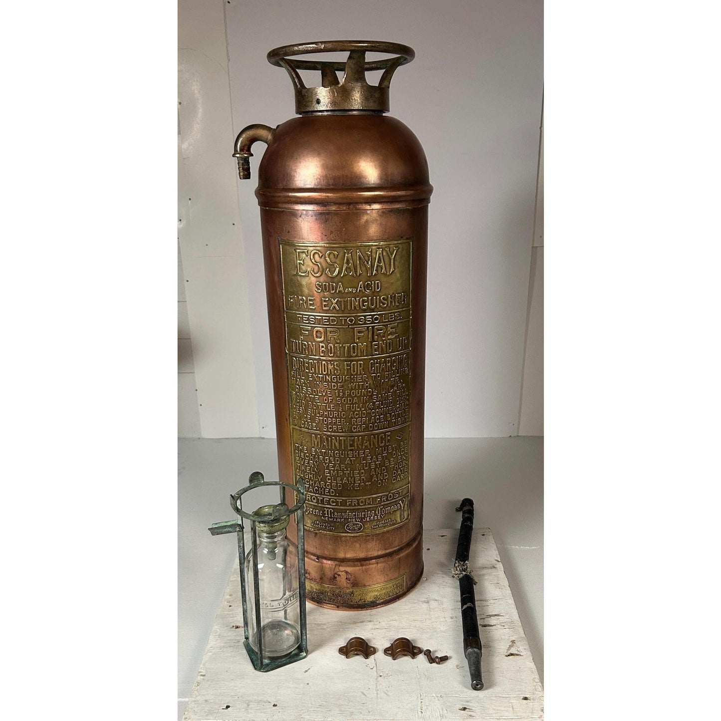 Antique ESSANAY Soda-Acid Fire Extinguisher c.1910s – Solid Copper & Brass – Complete Original Components – Collector Grade. Industrial