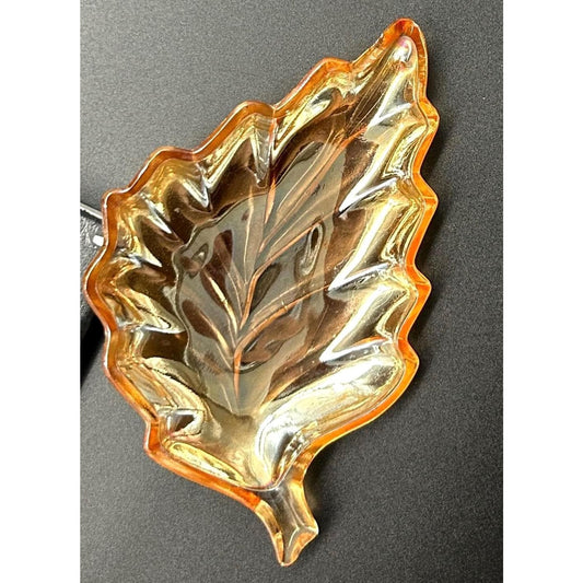 Vintage Carnival Glass Leaf Dish Marigold Iridescent Pressed Glass Candy Trinket Bowl Fall Decor
