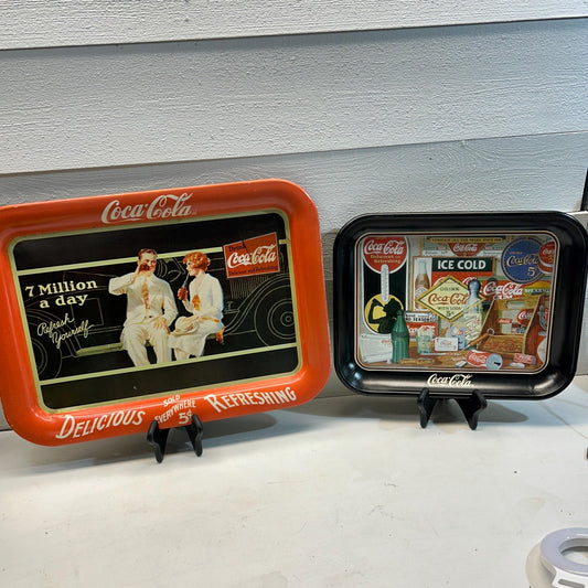 Vintage Coca-Cola metal serving tray lot 7 Million a Day 1926 repro Through the Years 1985 collectible