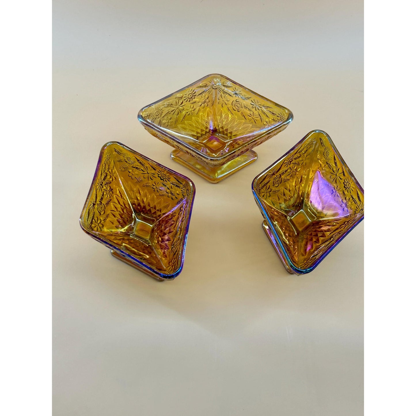 Vintage Marigold Carnival Glass Pedestal Bowls Set of 3 Iridescent Amber Pressed Glass Dessert Bowls Footed Carnival Glass Candy Dish Set