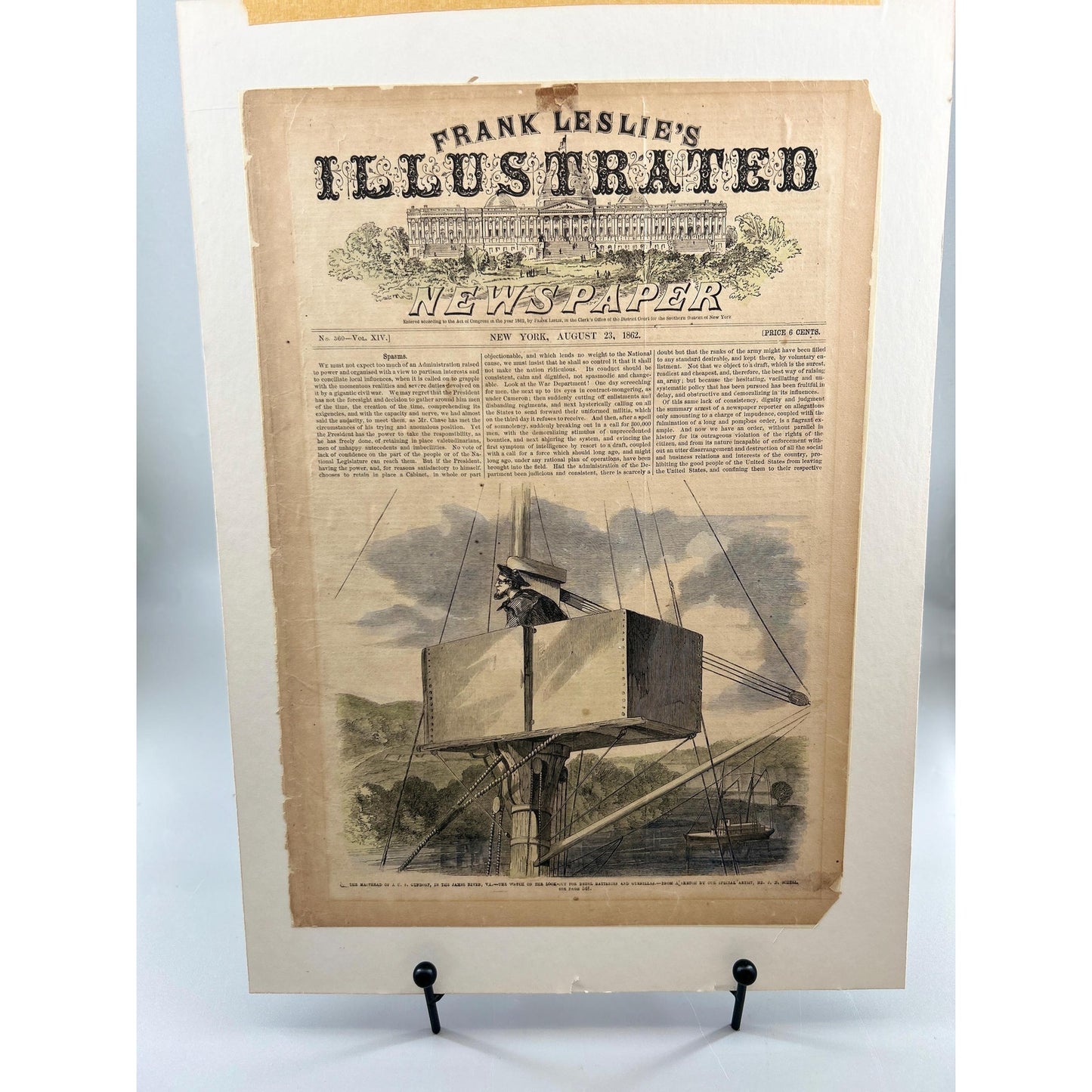 Antique Rare Civil War Newspaper 1862 Frank Leslie Illustrated Naval Masthead Lookout James River Union Warship Antique Print