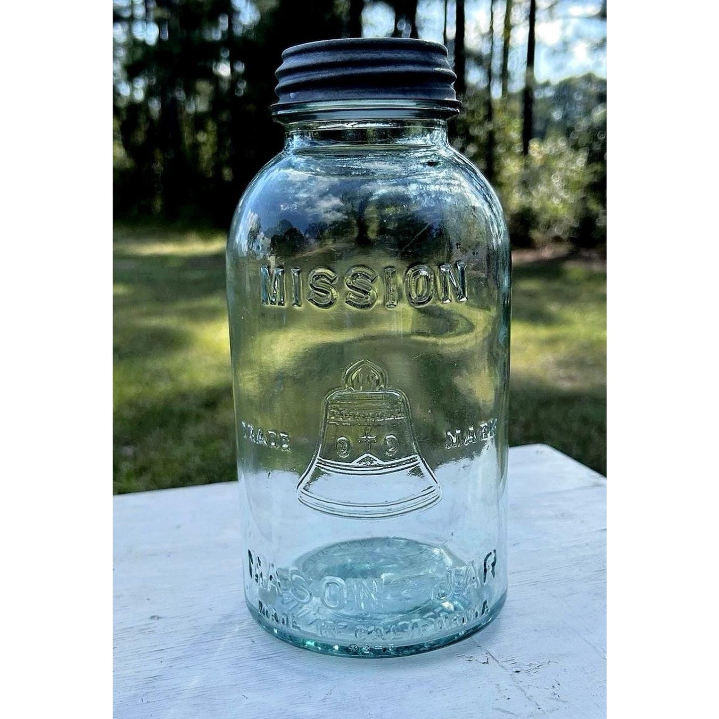Mission Bell Mason Jar Aqua Blue Liberty Bell Hazel Atlas Half Gal w/ Zinc Lid