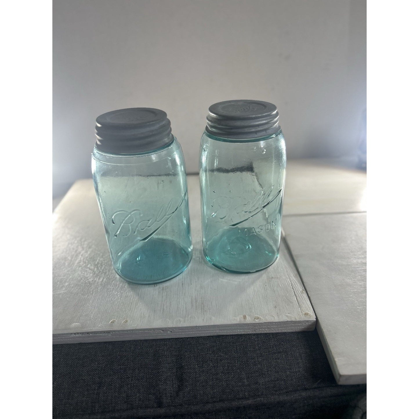 2 1920’s Vintage Ball Mason Jars – Triple L Logo – Quart – Aqua Blue – Zinc Lids