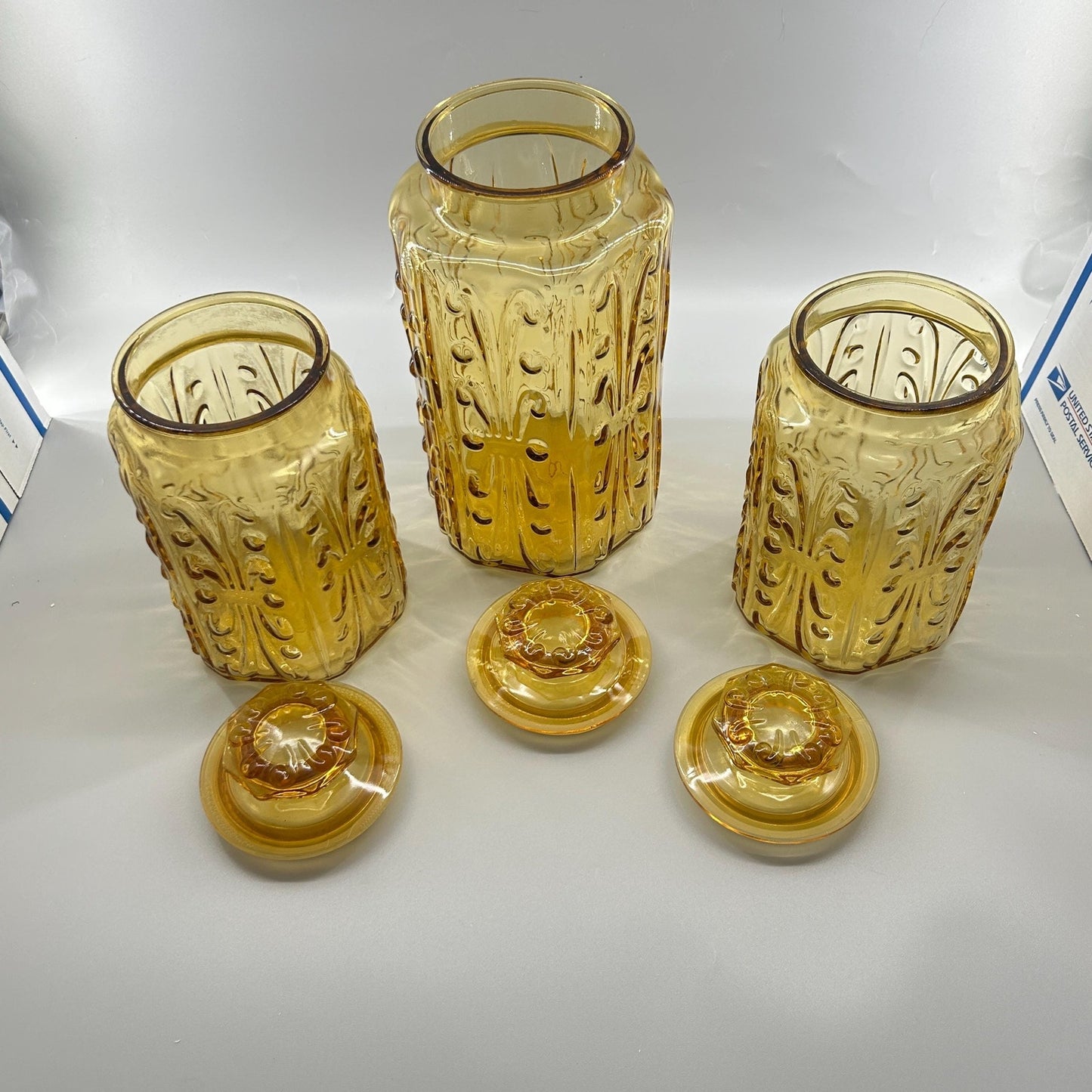 Indiana Honey Amber Glass Apothecary Jars Set of 3, Vintage MCM Kitchen Canisters, Retro Farmhouse Storage, Cookie Jar