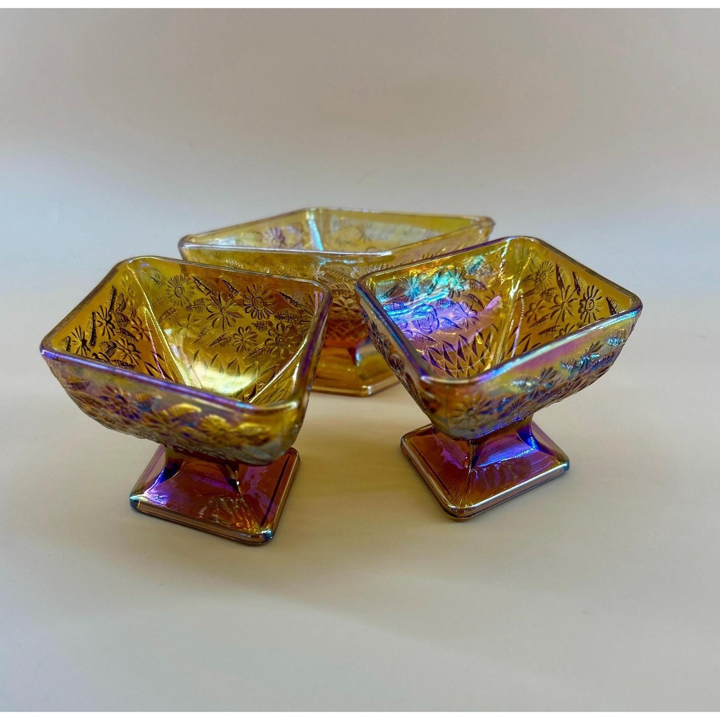 Vintage Marigold Carnival Glass Pedestal Bowls Set of 3 Iridescent Amber Pressed Glass Dessert Bowls Footed Carnival Glass Candy Dish Set