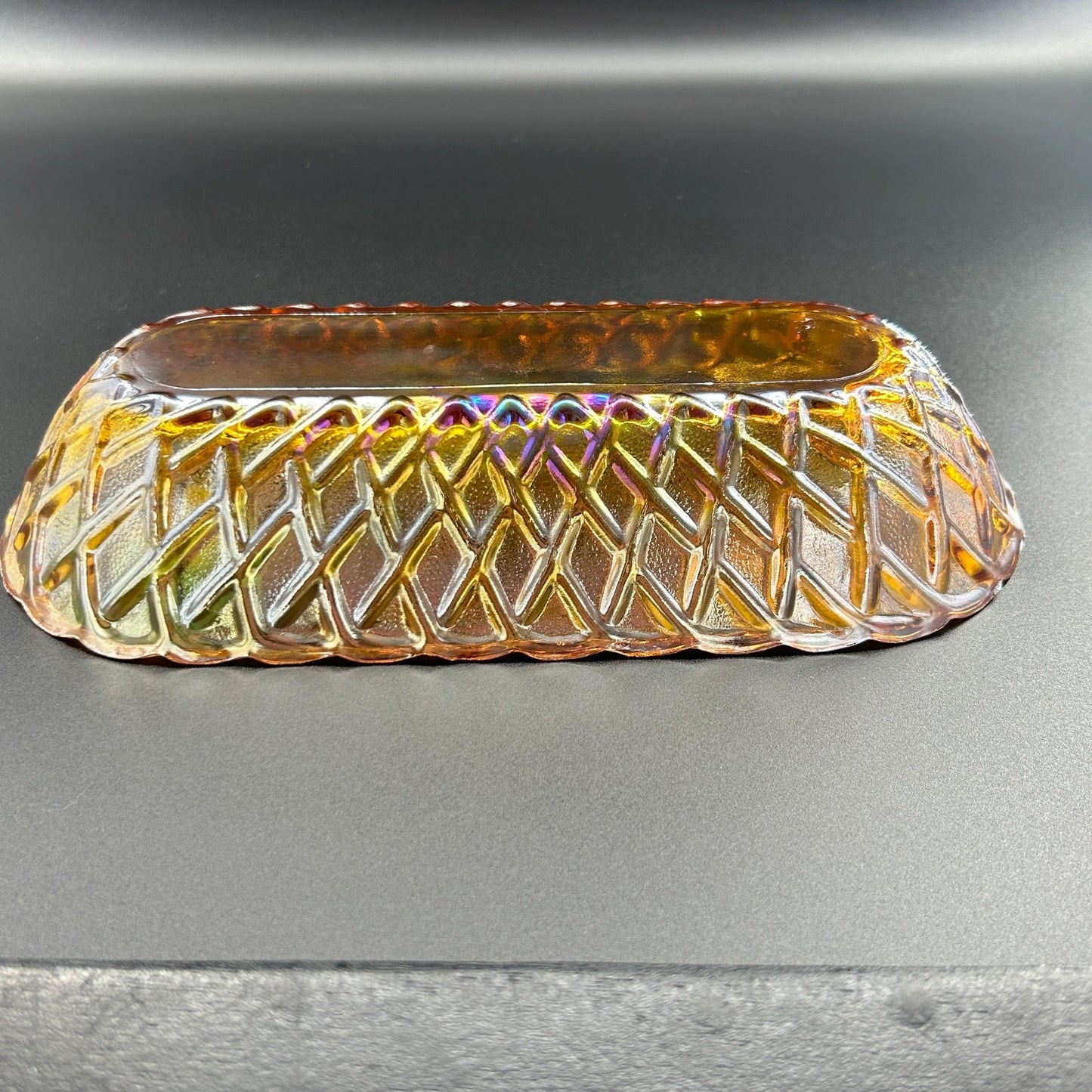 Vintage Indiana Carnival Glass Relish Tray – Marigold Iridescent Diamond Pattern