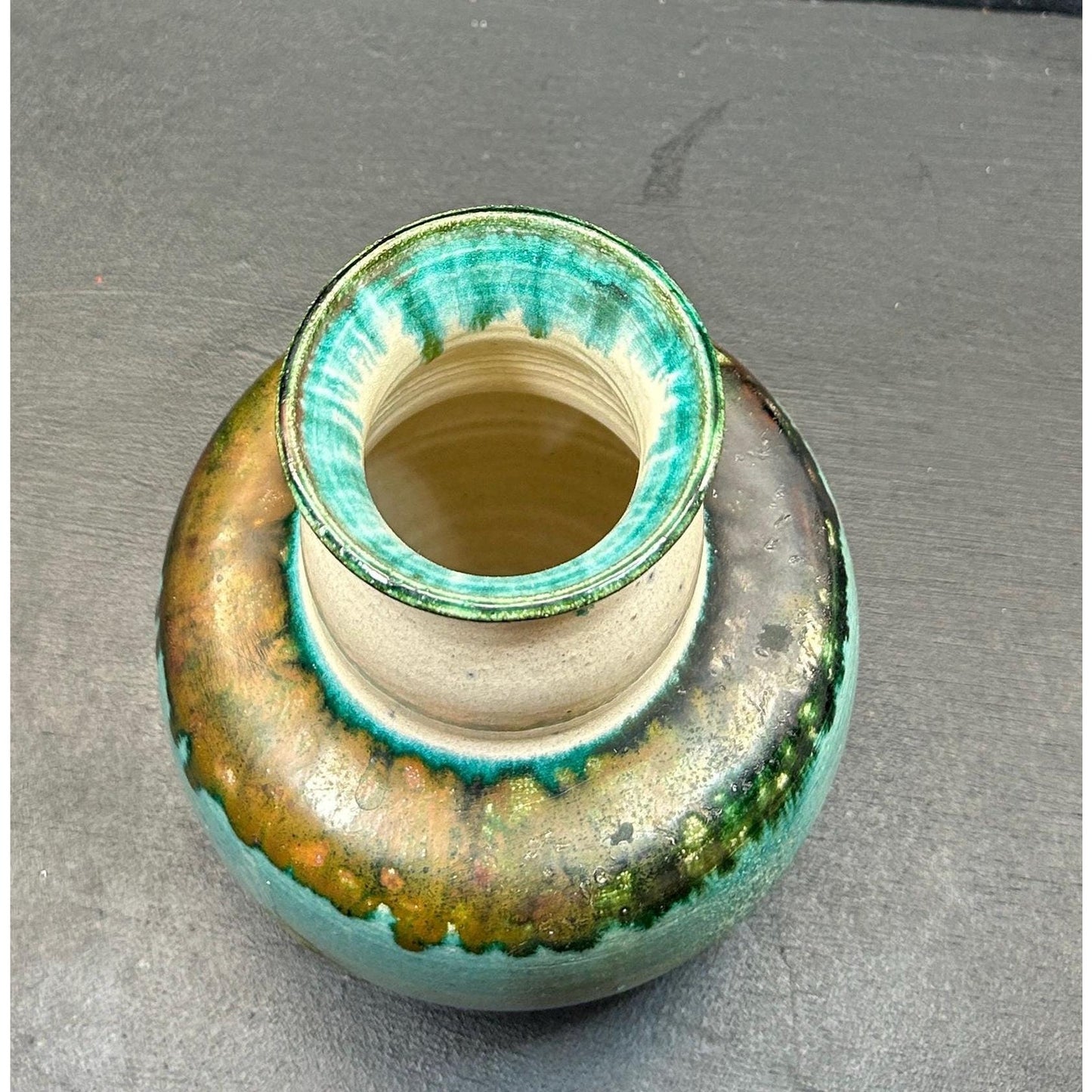 Ernest E. Mitchell Studio Pottery Vase 1994 • Signed Hand Thrown Ceramic • Turquoise Green Drip Glaze • Art Pottery Home Decor. Folk Art