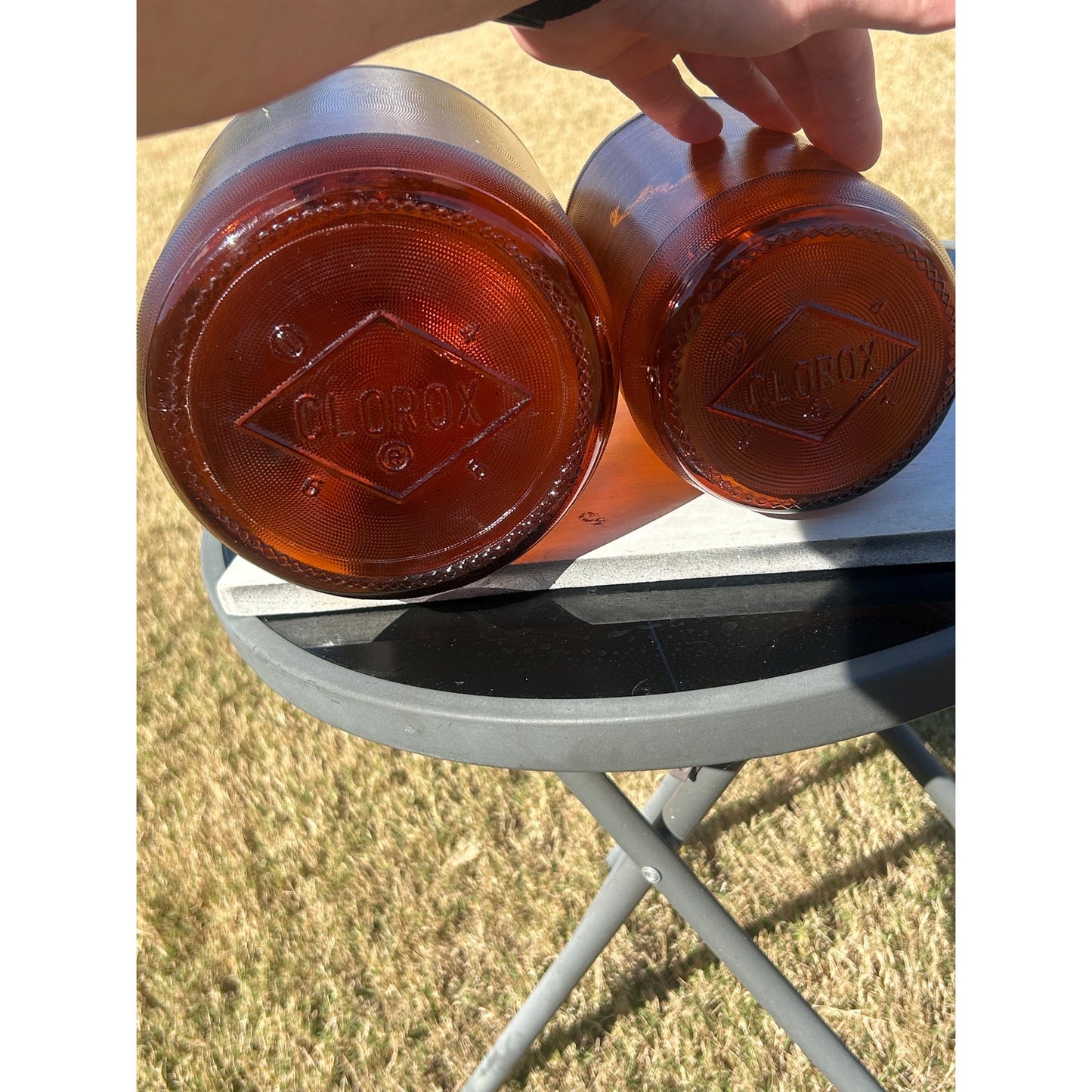 Lot of 2 Vintage Clorox Brown Glass Jugs – 1 Gallon & Half Gallon, Embossed Amber Bottles w/ Original Caps, 1940s–1950s Bleach Bottles