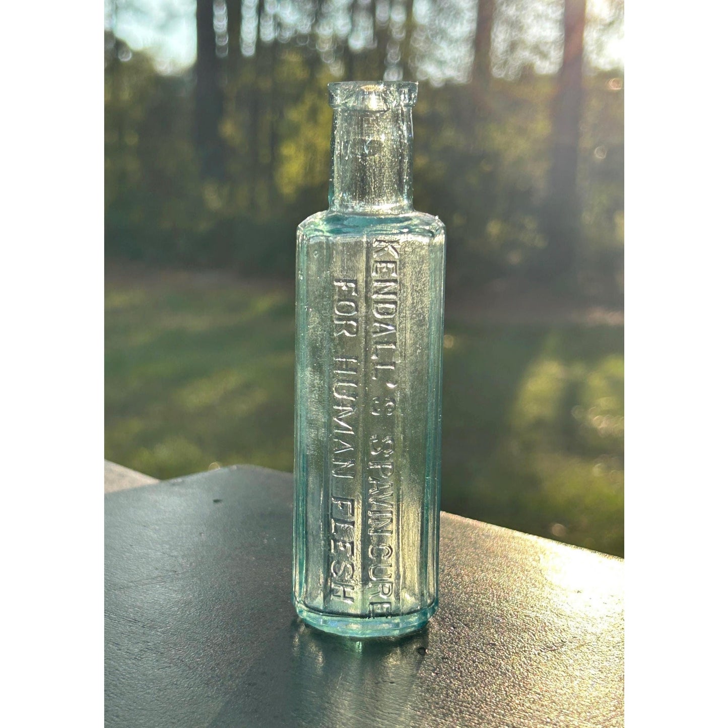 Antique Kendall’s Spavin Cure Bottle – Aqua Blue Glass, 1800s Patent Medicine, Embossed “For Human Flesh” – Rare Apothecary Remededy .