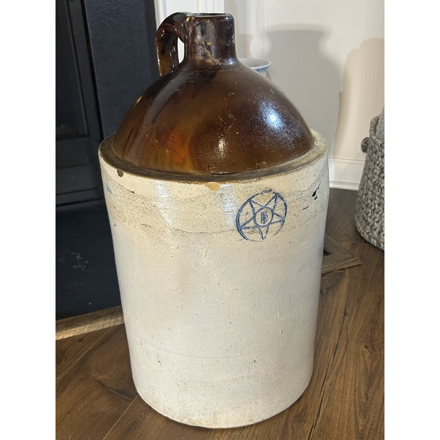 Antique 5-Gallon Blue Star Stoneware Crock Jug — Cobalt Blue Decoration — Primitive American Folk Pottery