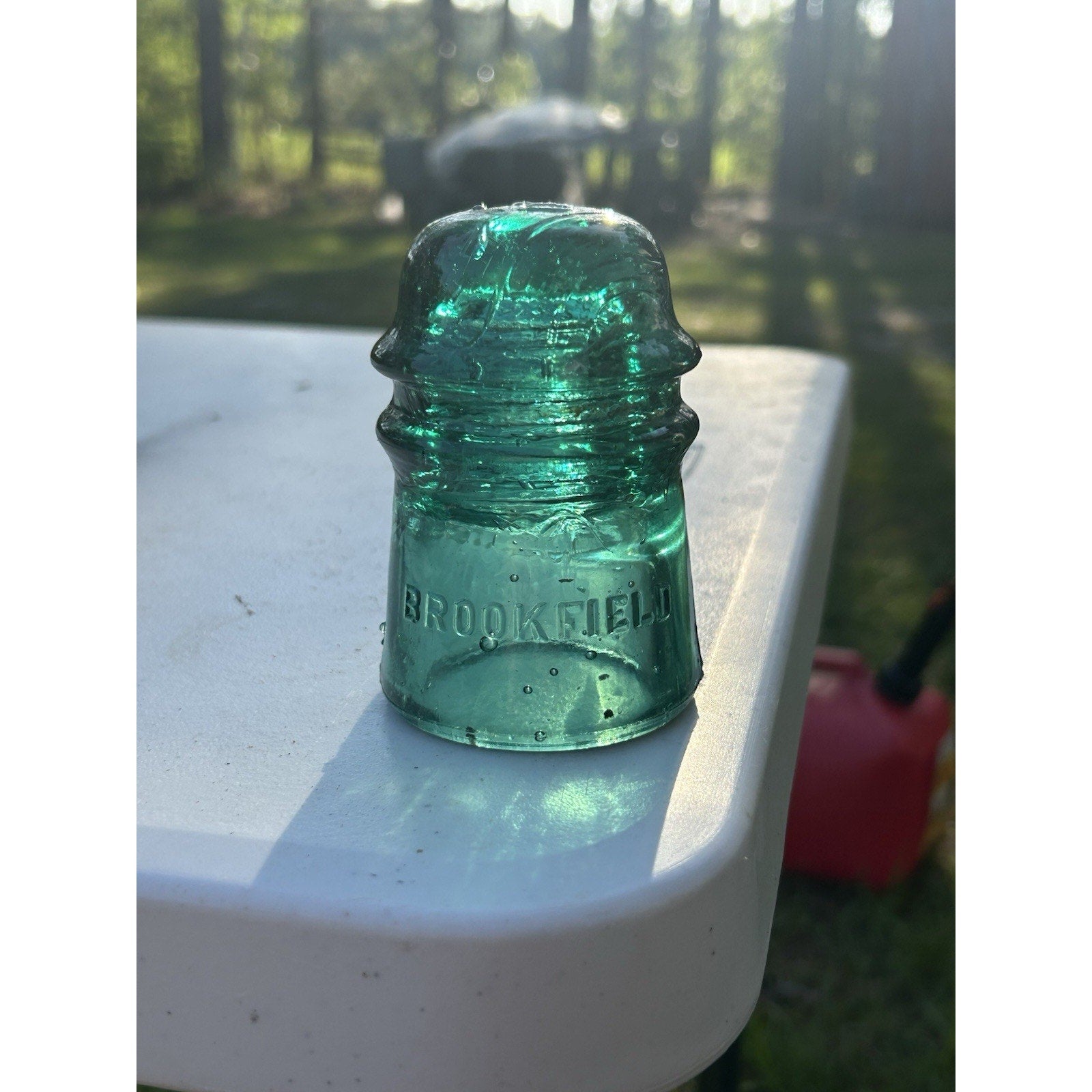 Vintage Brookfield dark emerald green insulator all angles display