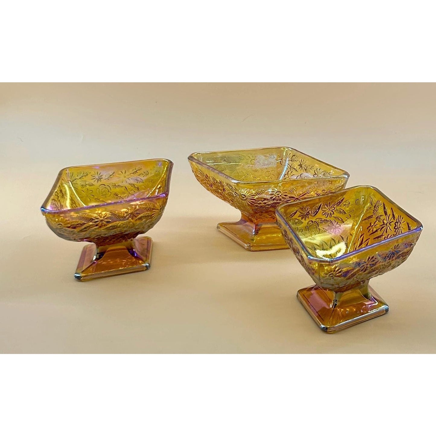 Vintage Marigold Carnival Glass Pedestal Bowls Set of 3 Iridescent Amber Pressed Glass Dessert Bowls Footed Carnival Glass Candy Dish Set
